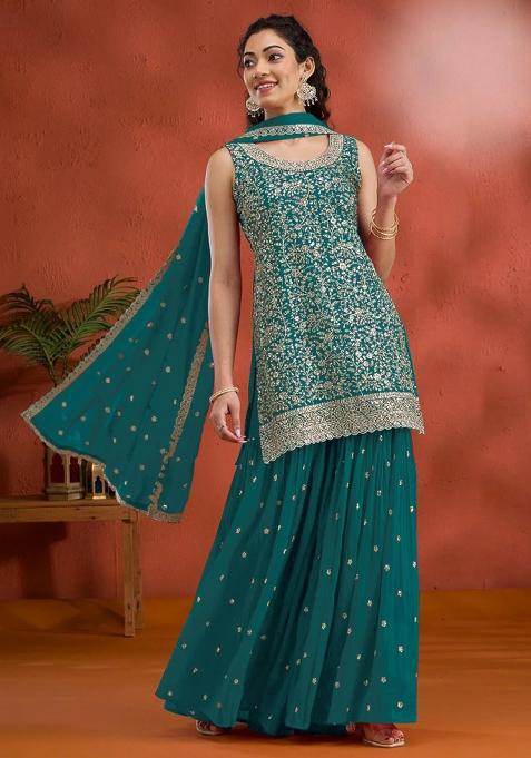Teal Green Embroidered Georgette Kurta Set