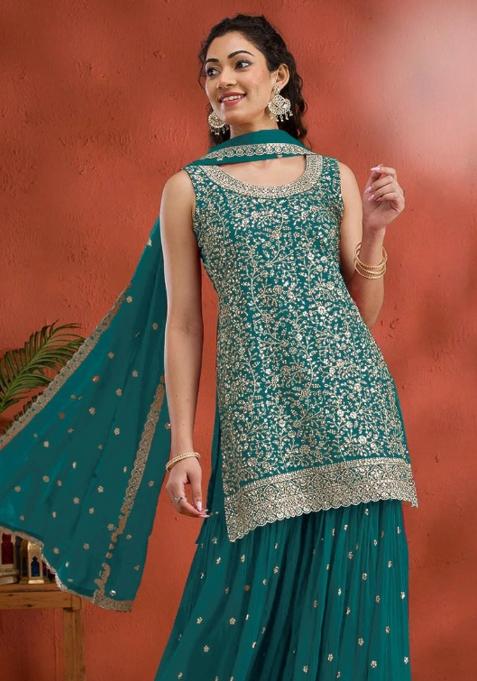 Teal Green Embroidered Georgette Kurta Set