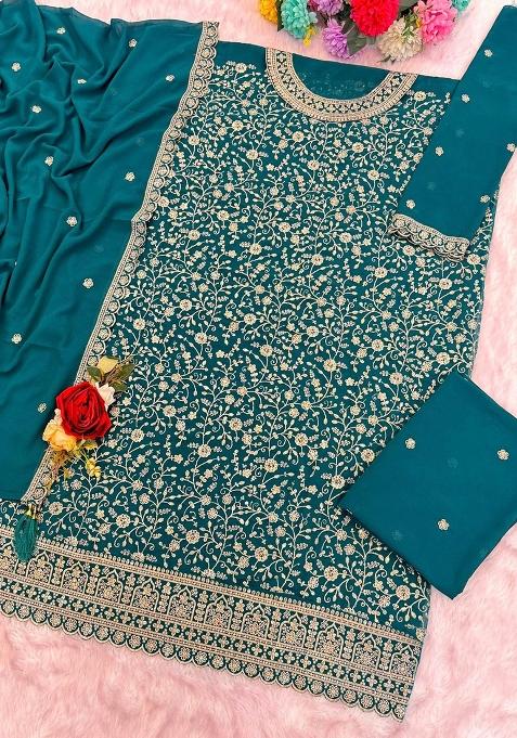 Teal Green Embroidered Georgette Kurta Set