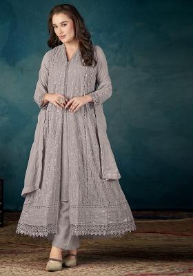 Grey Embroidered Georgette Kurta Set