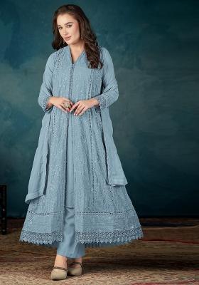 Sky Blue Embroidered Georgette Kurta Set