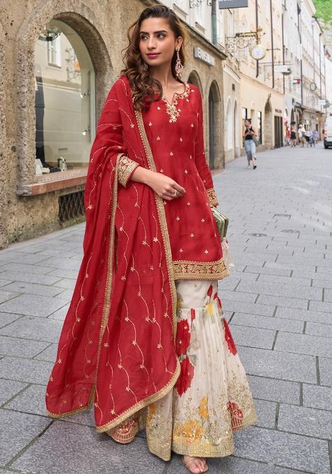 Red Embellished Chinon Kurta Set
