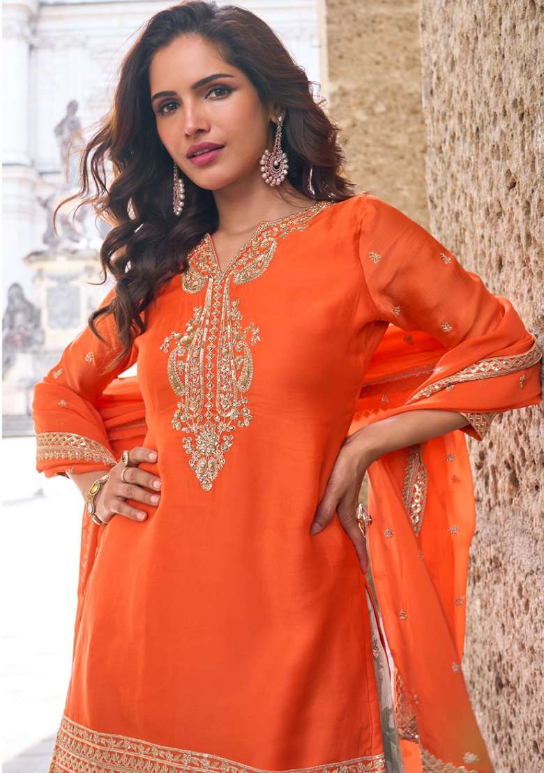 Orange Embroidered Chinon Sharara Set - Indya