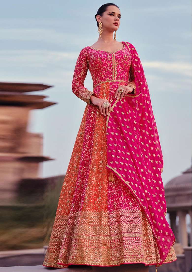 Magenta Embroidered Georgette Anarkali Set - Indya