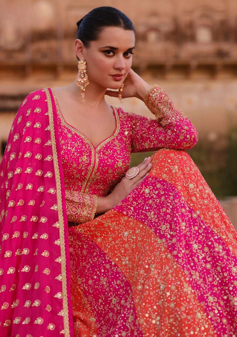 Magenta Embroidered Georgette Anarkali Set - Indya