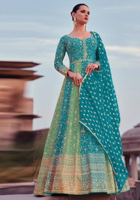 Blue Embroidered Georgette Kurta Set