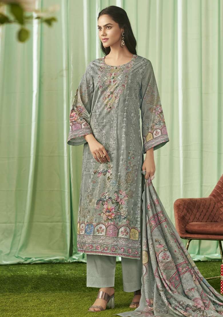 Olive Printed Cotton Pakistani Suit Set - Indya