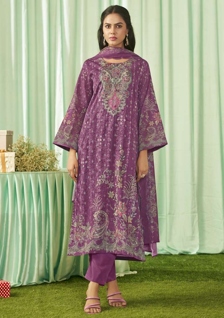 Magenta Printed Cotton Pakistani Suit Set - Indya