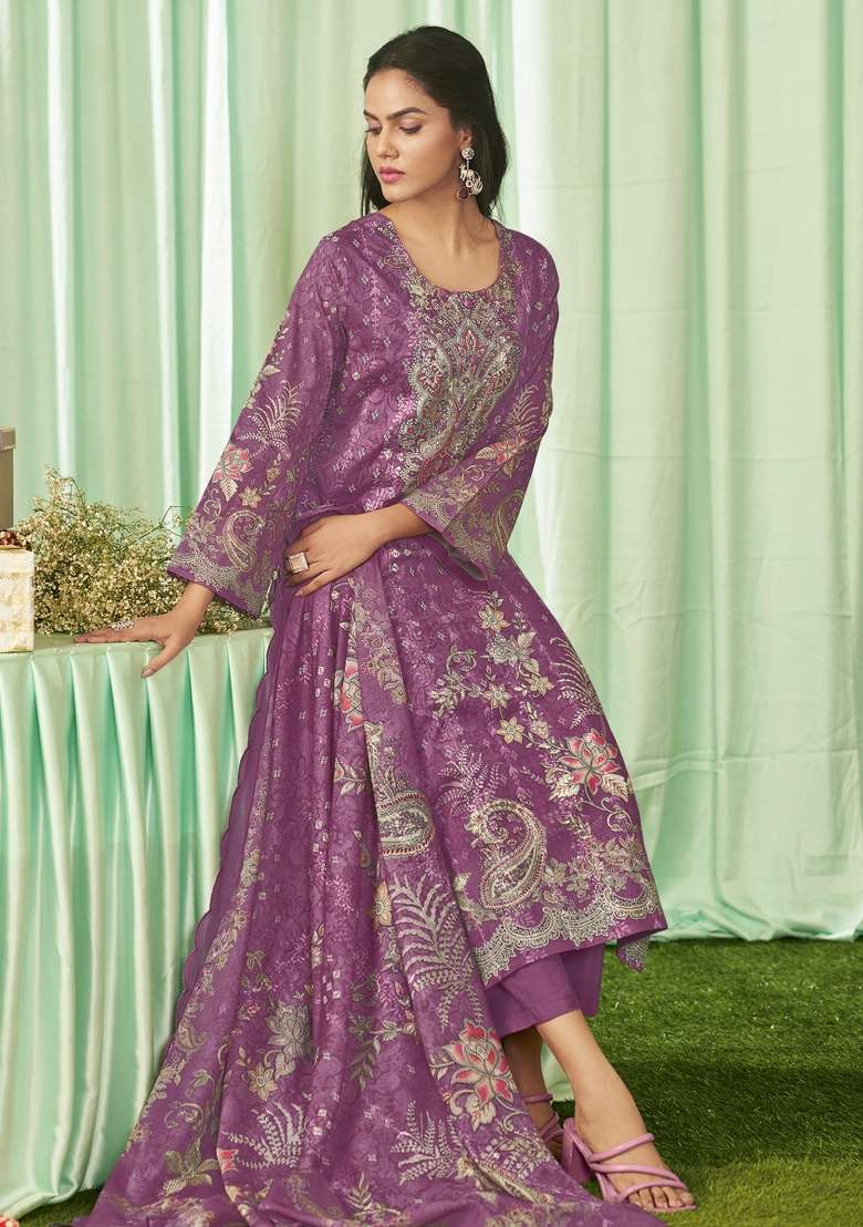 Magenta Printed Cotton Pakistani Suit Set - Indya