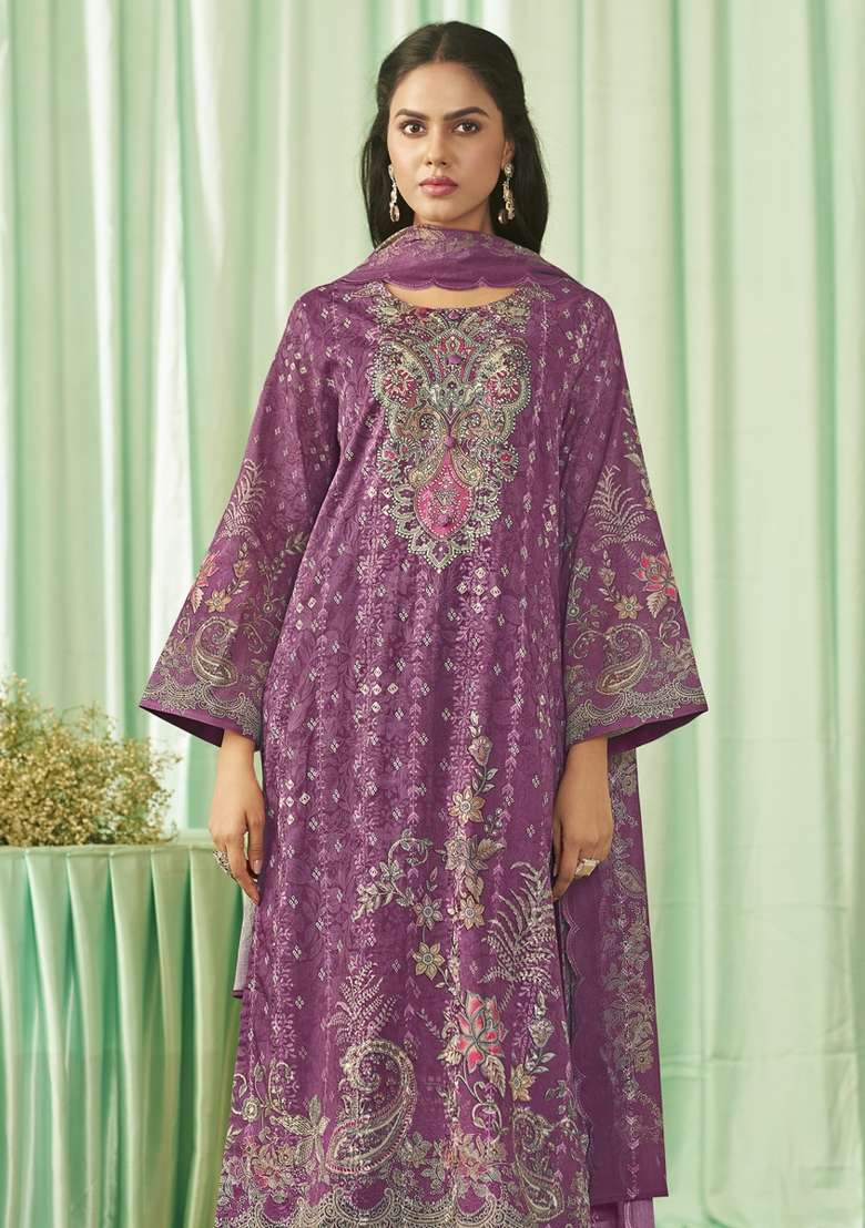 Magenta Printed Cotton Pakistani Suit Set - Indya