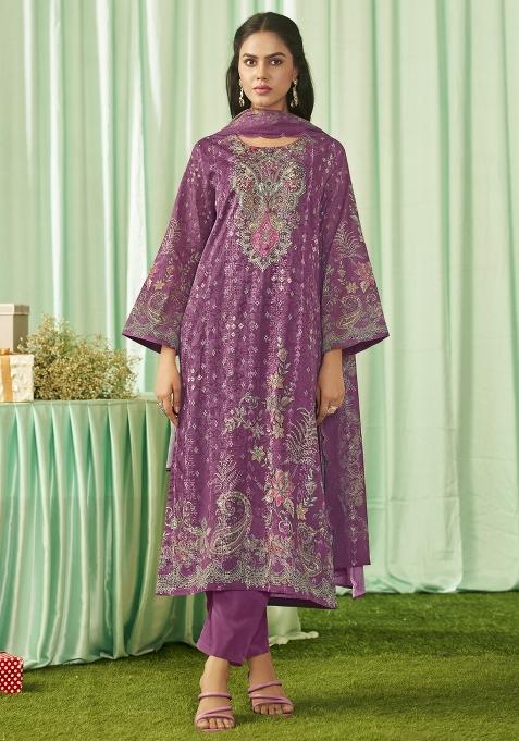 Magenta Printed Cotton Pakistani Suit Set