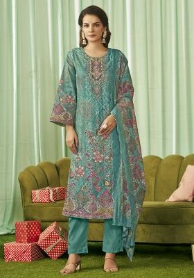Teal Embroidered Cotton Kurta Set