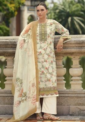 Cream Embroidered Cotton Kurta Set