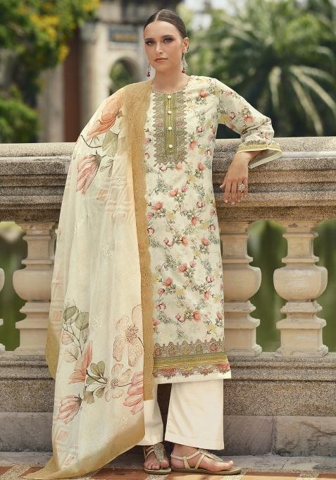 Cream Embroidered Cotton Kurta Set