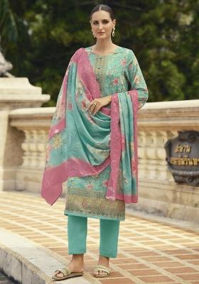 Turquoise Embroidered Cotton Kurta Set