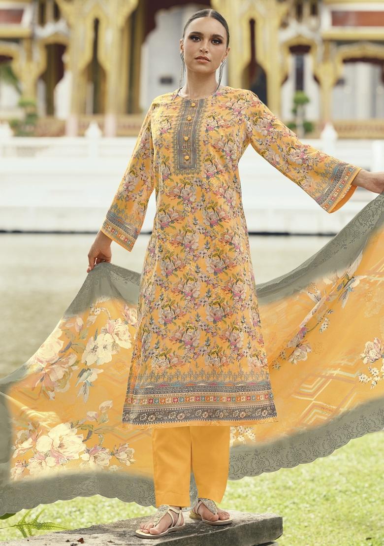 Mustard Yellow Embroidered Cotton Kurta Set