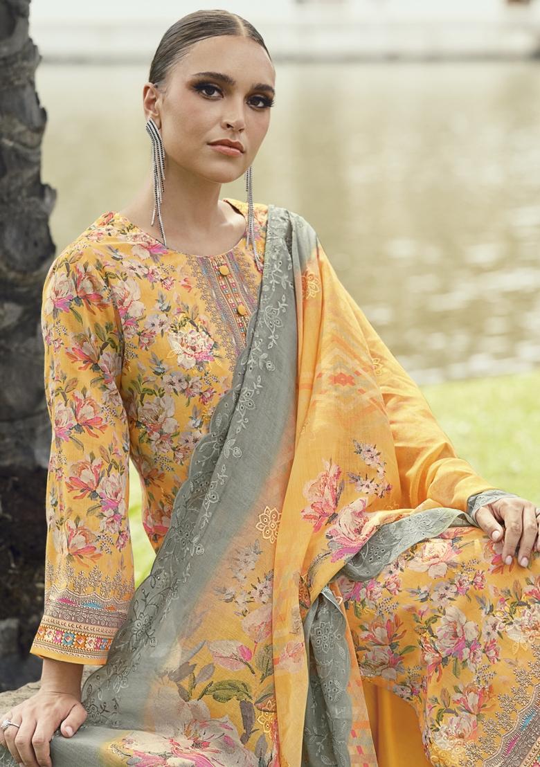 Mustard Yellow Embroidered Cotton Kurta Set