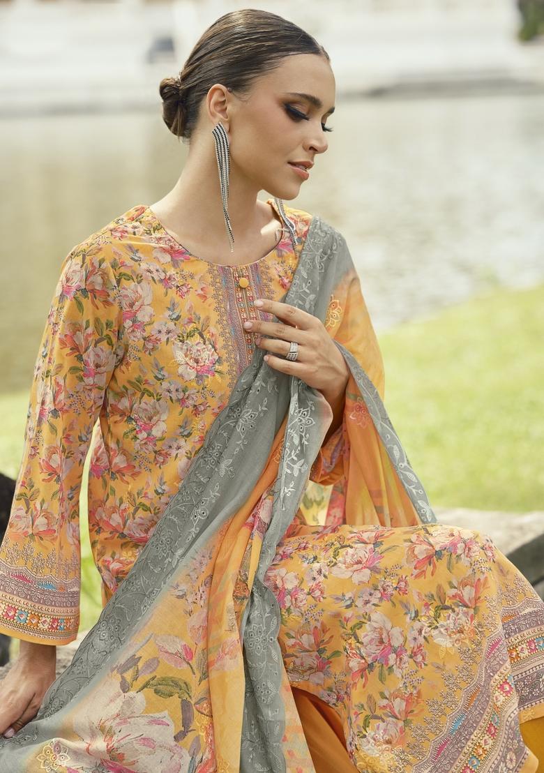 Mustard Yellow Embroidered Cotton Kurta Set