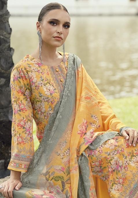 Mustard Yellow Embroidered Cotton Kurta Set