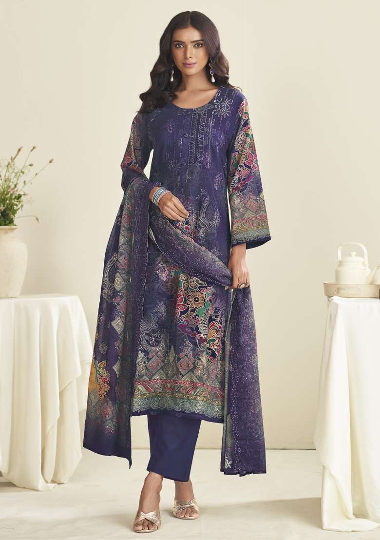 Violet Printed Cotton Pakistani Suit Set - Indya
