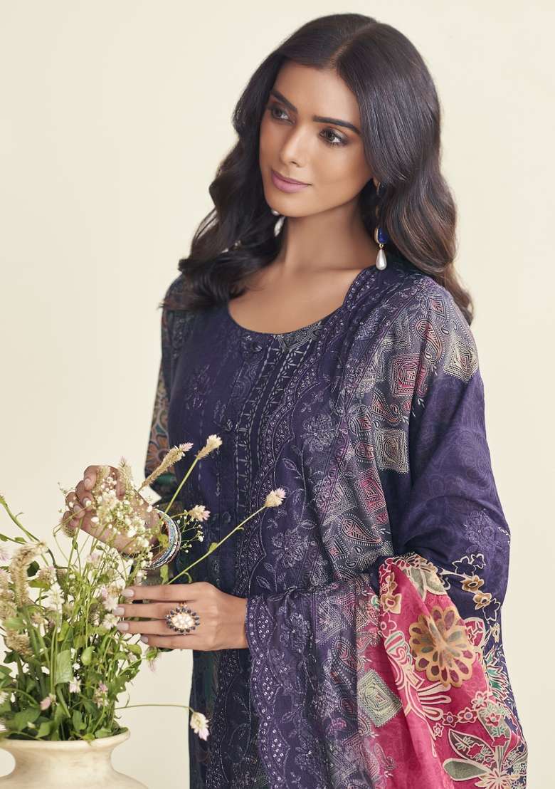 Violet Printed Cotton Pakistani Suit Set - Indya