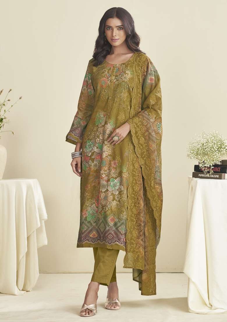 Green Printed Cotton Pakistani Suit Set - Indya