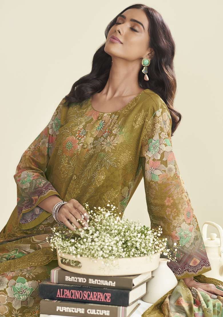 Green Printed Cotton Pakistani Suit Set - Indya