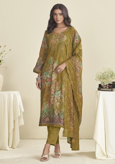 Green Embroidered Cotton Kurta Set