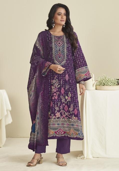 Purple Embroidered Cotton Kurta Set