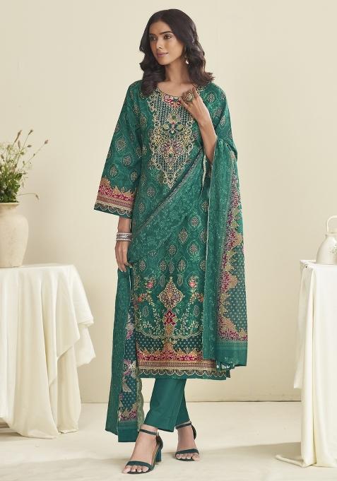 Teal Embroidered Cotton Kurta Set