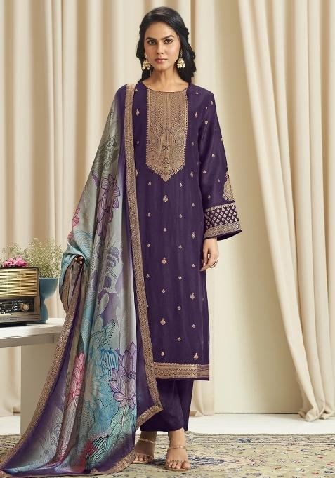Violet Printed Dola Silk Jacquard Kurta Set