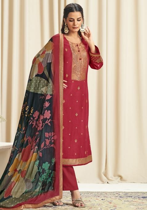 Red Printed Dola Silk Jacquard Kurta Set