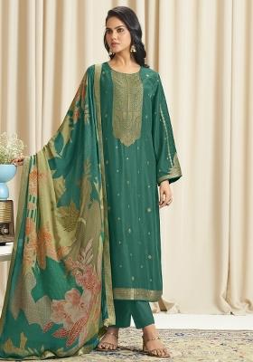 Green Printed Dola Silk Jacquard Kurta Set