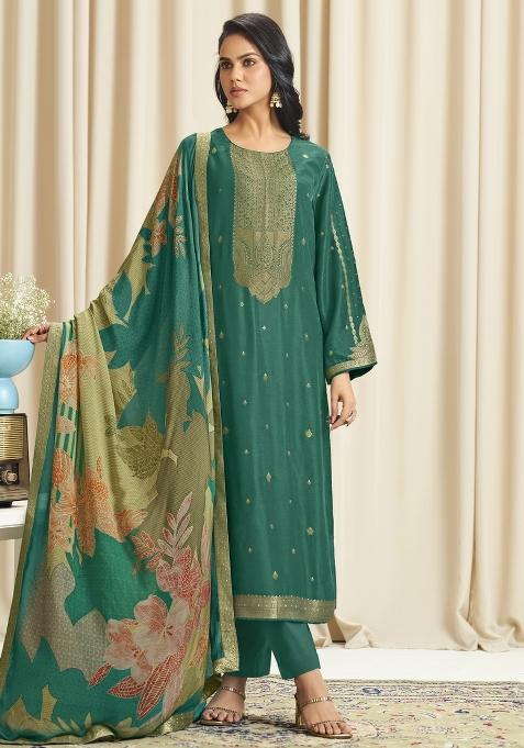 Green Printed Dola Silk Jacquard Kurta Set