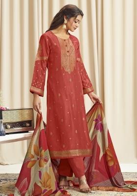 Orange Printed Dola Silk Jacquard Kurta Set