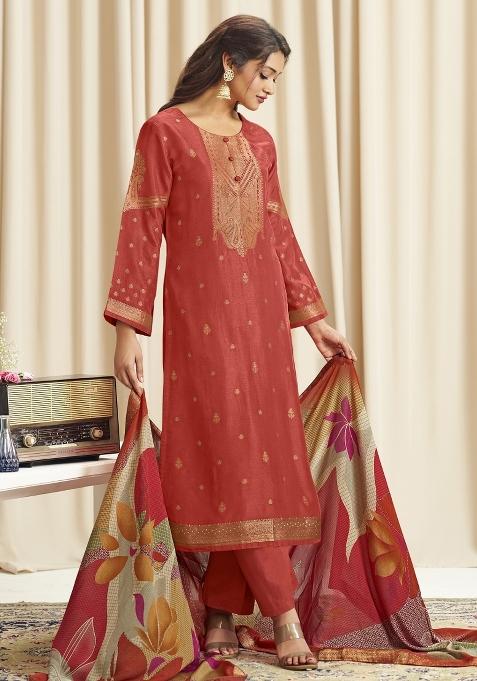 Orange Printed Dola Silk Jacquard Kurta Set