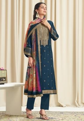 Navy Blue Printed Dola Silk Jacquard Kurta Set