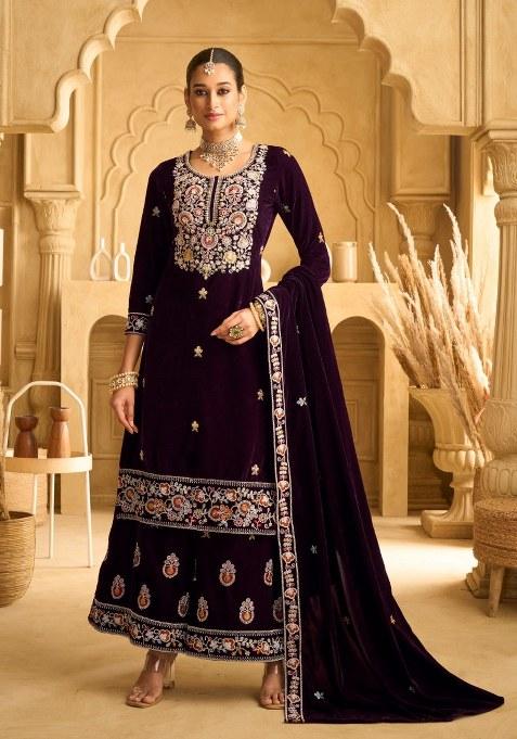 Purple Embroidered Velvet Sharara Set