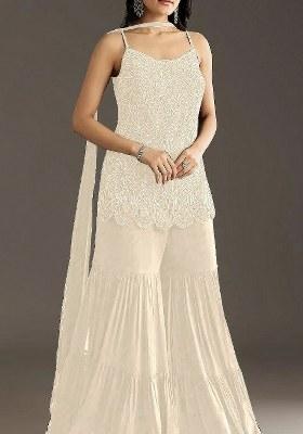 Beige Embroidered Georgette Kurta Set