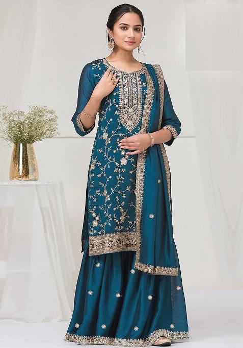 Teal Blue Embroidery Vichitra Salwar Suit Set