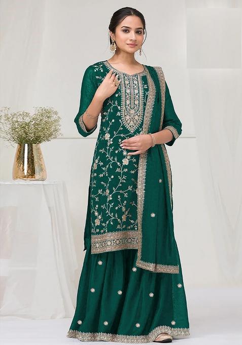 Bottle Green Embroidery Vichitra Salwar Suit Set