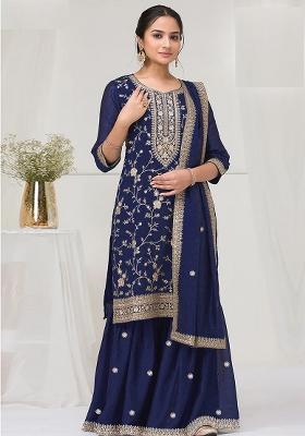 Navy Blue Embroidery Vichitra Salwar Suit Set