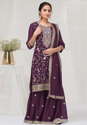 Purple Embroidery Vichitra Salwar Suit Set