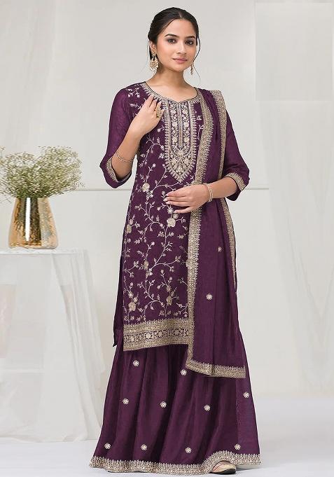 Purple Embroidery Vichitra Salwar Suit Set
