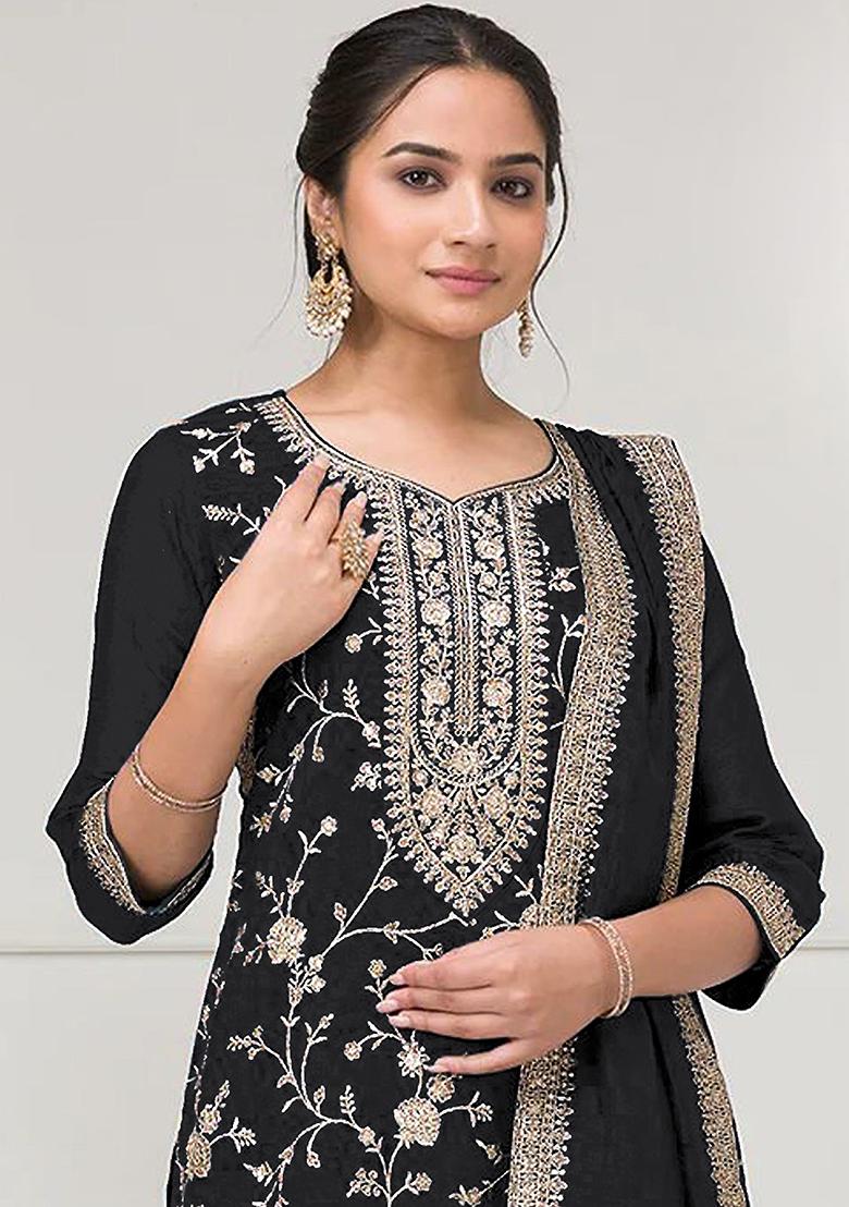 Black Embroidery Vichitra Salwar Suit Set - Indya