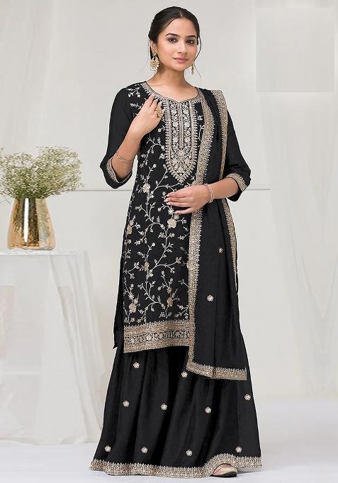 Black Embroidery Vichitra Salwar Suit Set