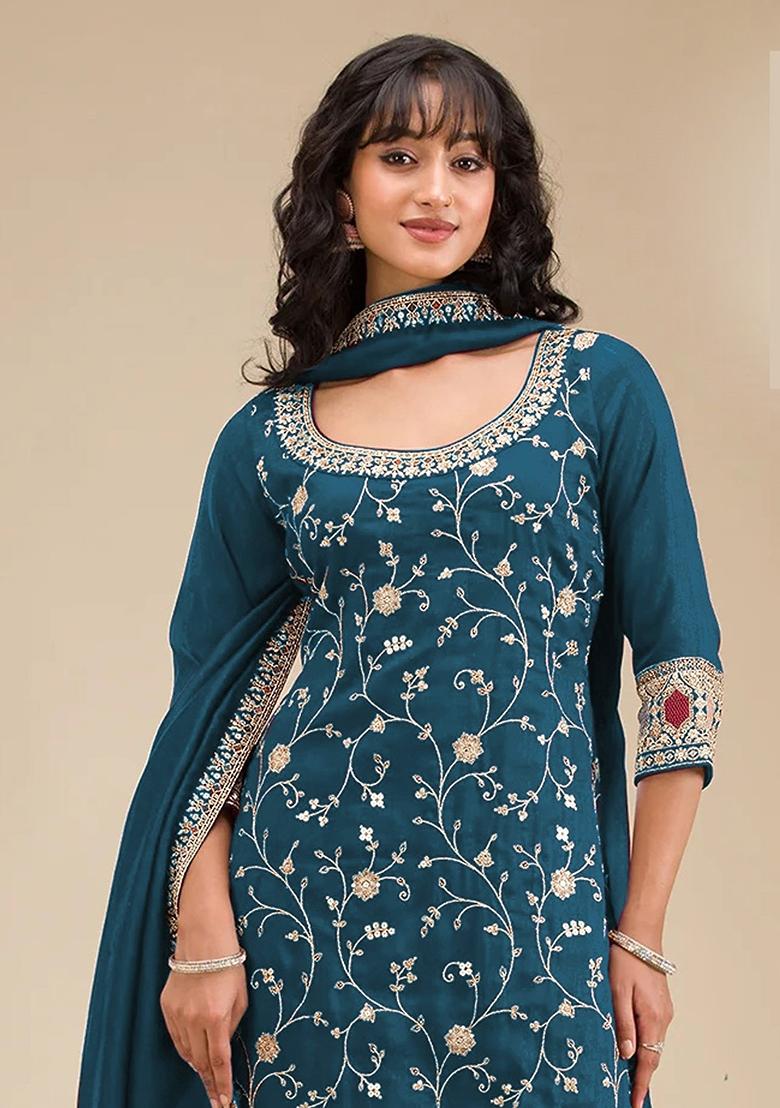 Blue Embroidery Vichitra Salwar Suit Set - Indya