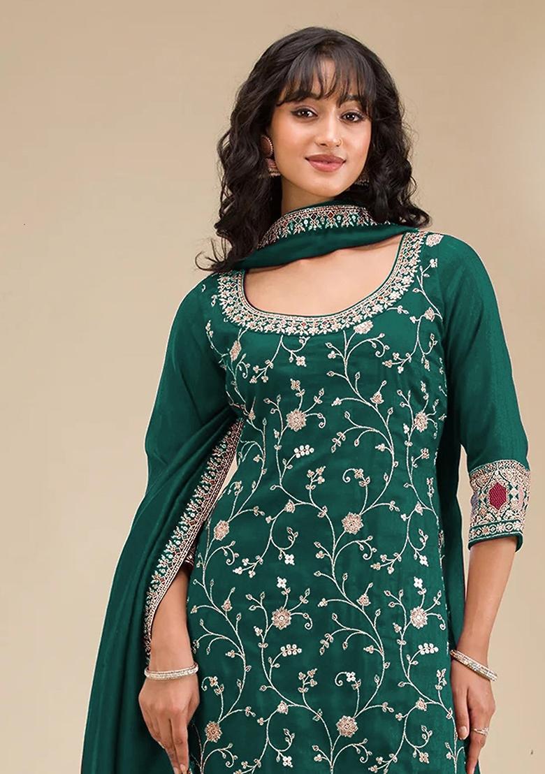 Dark Green Embroidery Vichitra Salwar Suit Set - Indya