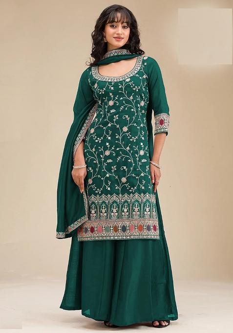 Dark Green Embroidery Vichitra Salwar Suit Set