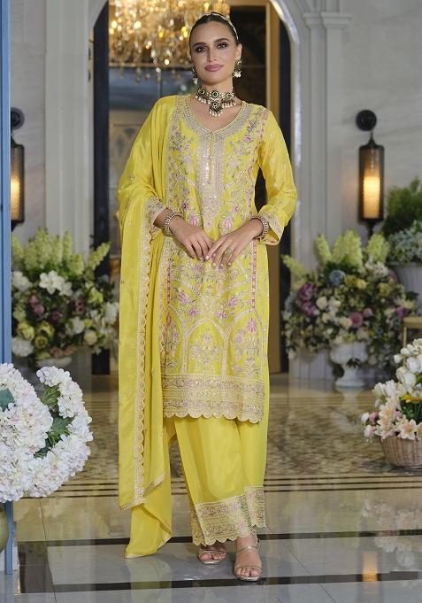 Yellow Embroidery Chinon Salwar Suit Set